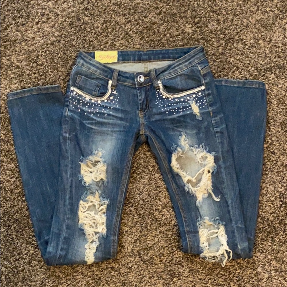Distressed Jeans w/ Rhinestone Embellishments